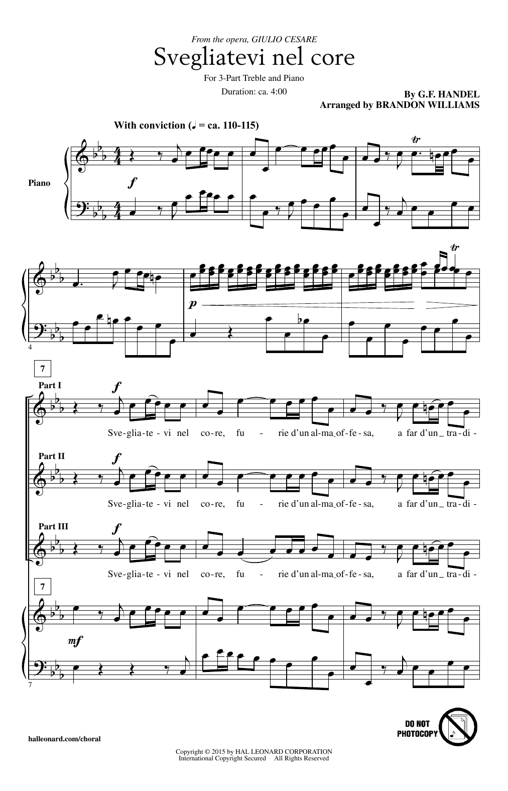 George Frideric Handel Svegliatevi Nel Core (arr. Brandon Williams) sheet music, chords, lyrics - Printable PDF for 3-Part Treble