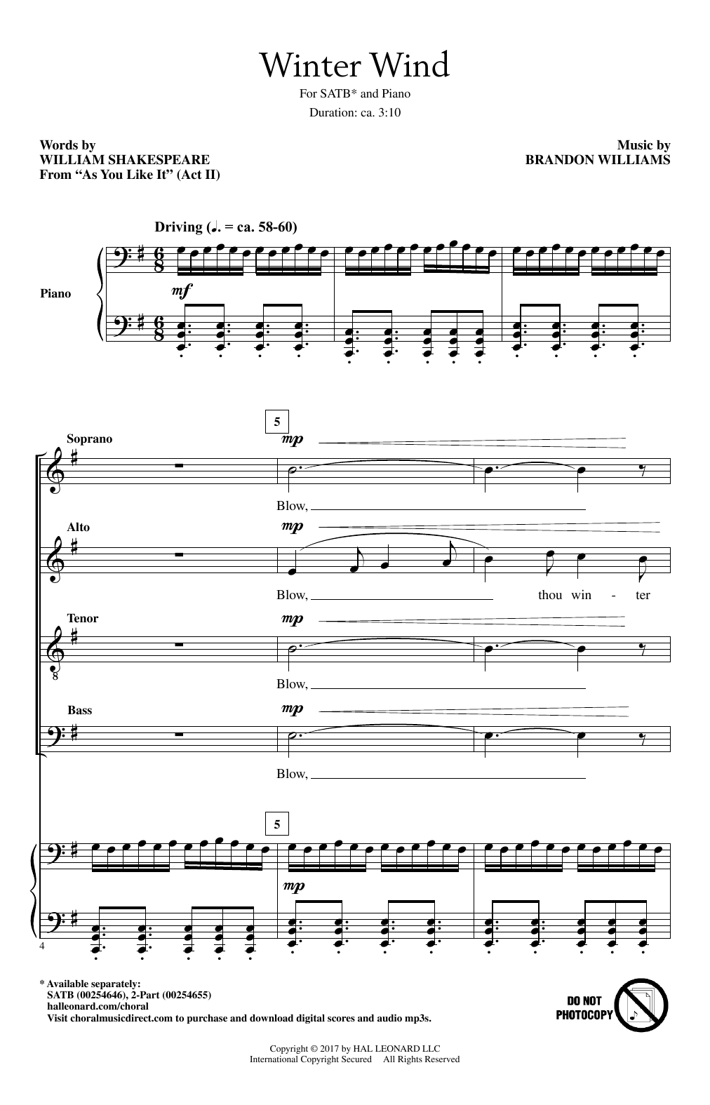 Brandon Williams Winter Wind sheet music, chords, lyrics - Printable PDF for 2-Part Choir