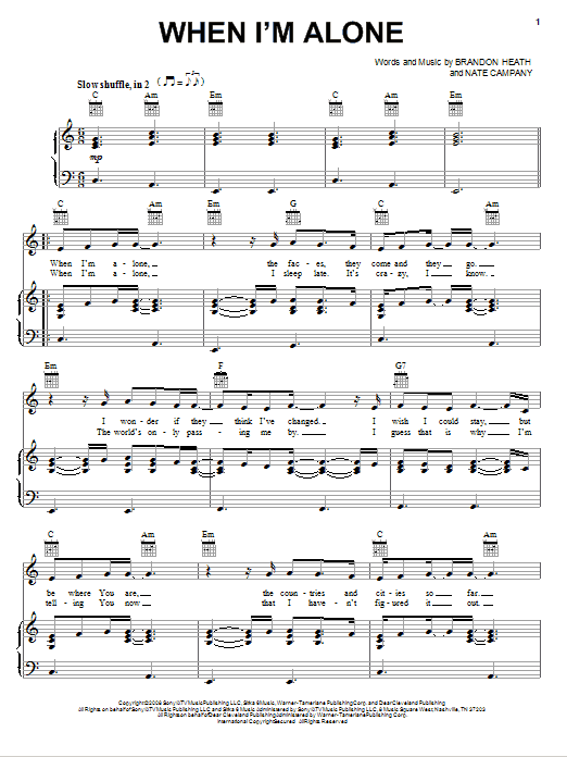 Brandon Heath When I'm Alone sheet music preview music notes and score for Piano, Vocal & Guitar (Right-Hand Melody) including 4 page(s)