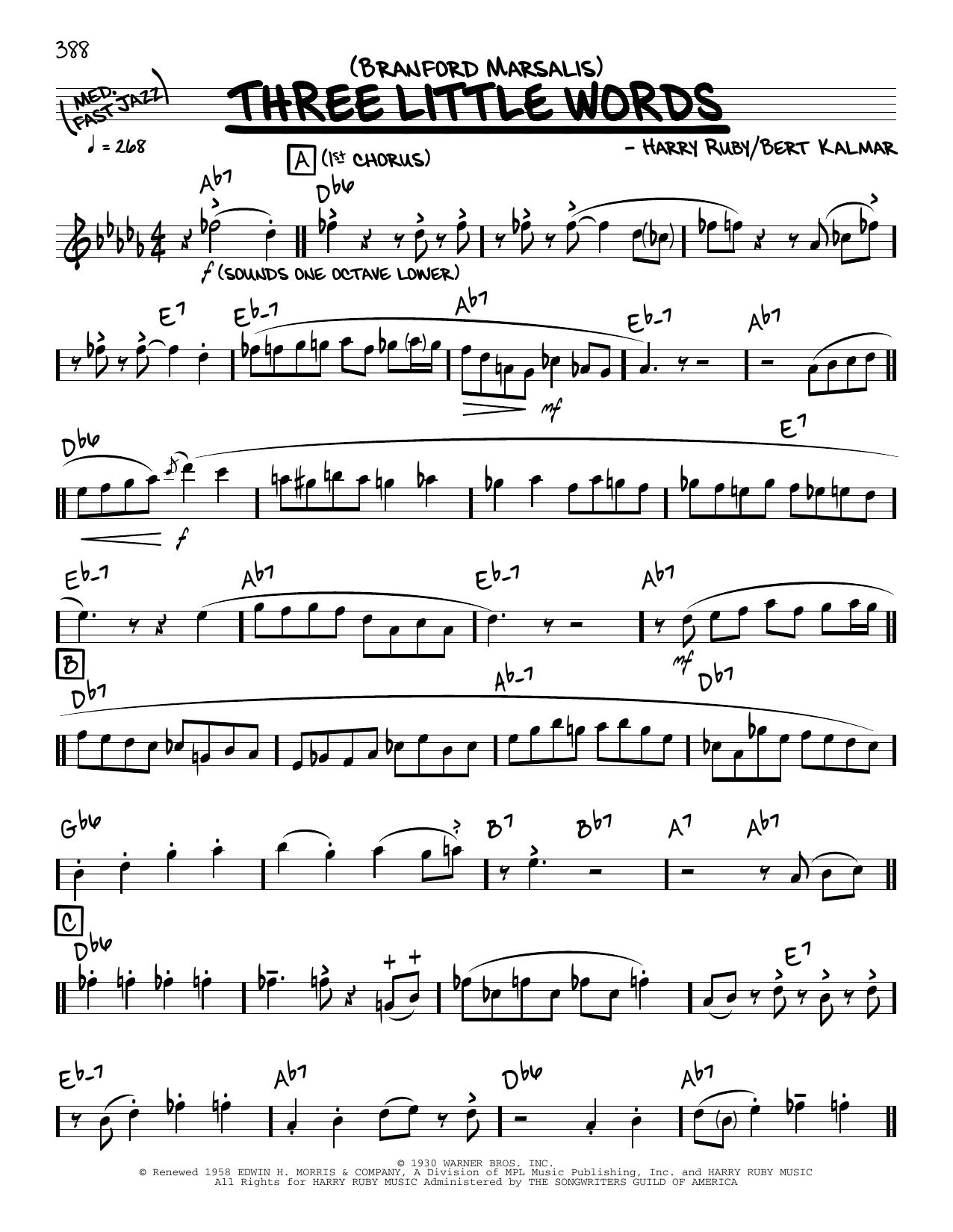 Branford Marsalis Three Little Words (solo only) sheet music, chords, lyrics - Printable PDF for Real Book – Melody & Chords