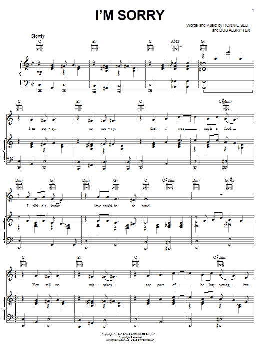 Learn to play Brenda Lee I'm Sorry sheet music for Piano, Vocal & Guitar (Right-Hand Melody) in minutes. Brenda Lee I'm Sorry sheet music preview music notes and score for Piano, Vocal & Guitar (Right-Hand Melody) including 2 page(s)
