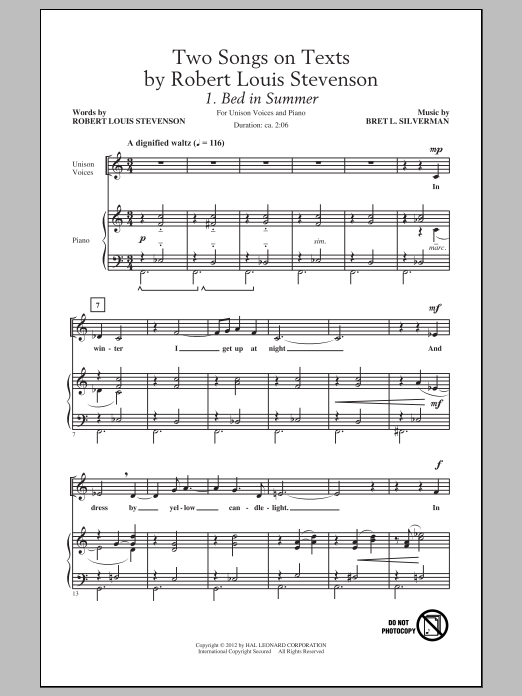 Learn to play Bret L. Silverman Two Songs On Texts By Robert Louis Stevenson sheet music for Unison Voice in minutes. Bret L. Silverman Two Songs On Texts By Robert Louis Stevenson sheet music preview music notes and score for Unison Voice including 8 page(s)