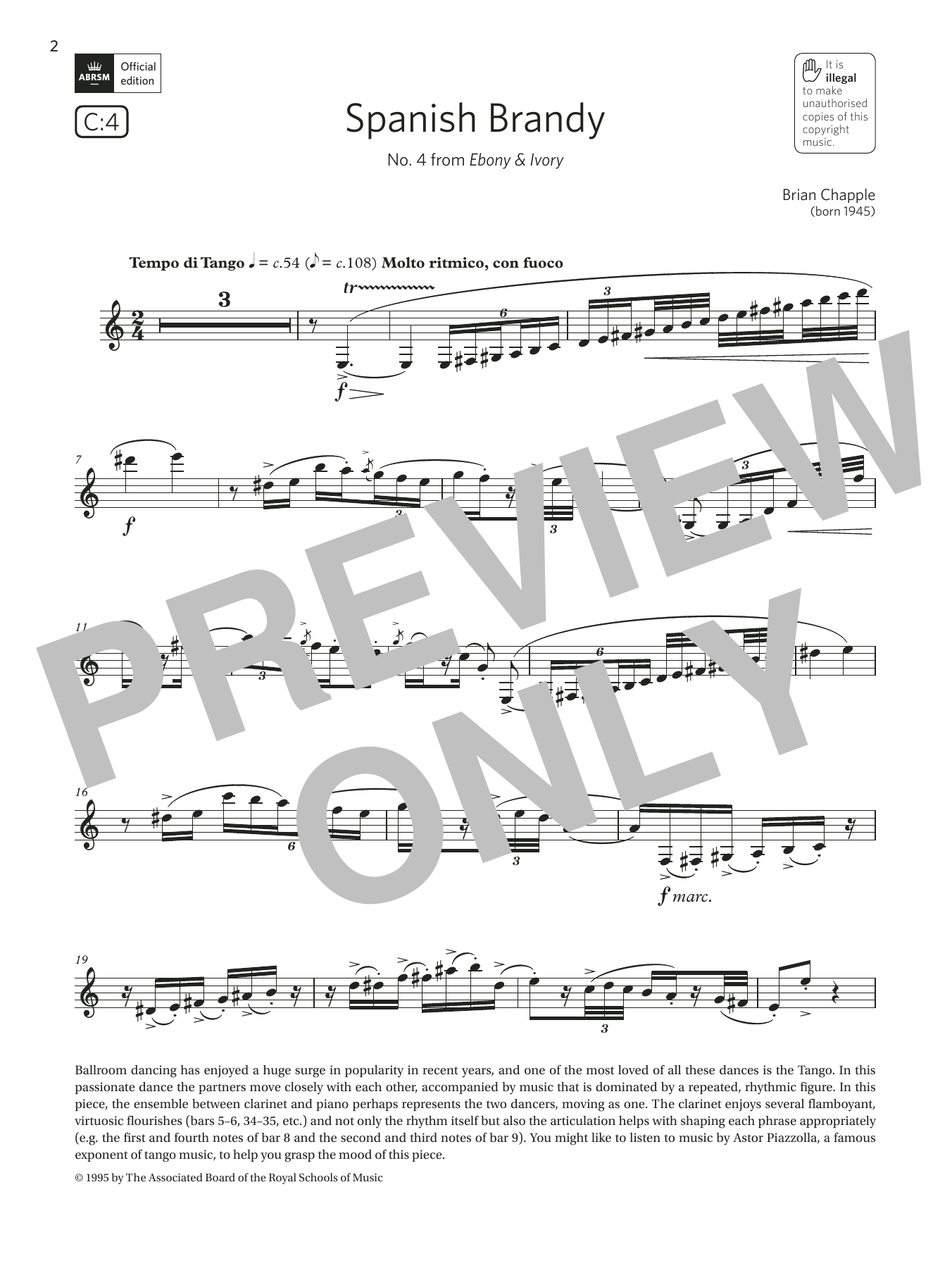 Brian Chapple Spanish Brandy (No4 from Ebony & Ivory)(Grade 6 List C4 from the ABRSM Clarinet syllabus from 2022) sheet music, chords, lyrics - Printable PDF for Clarinet Solo