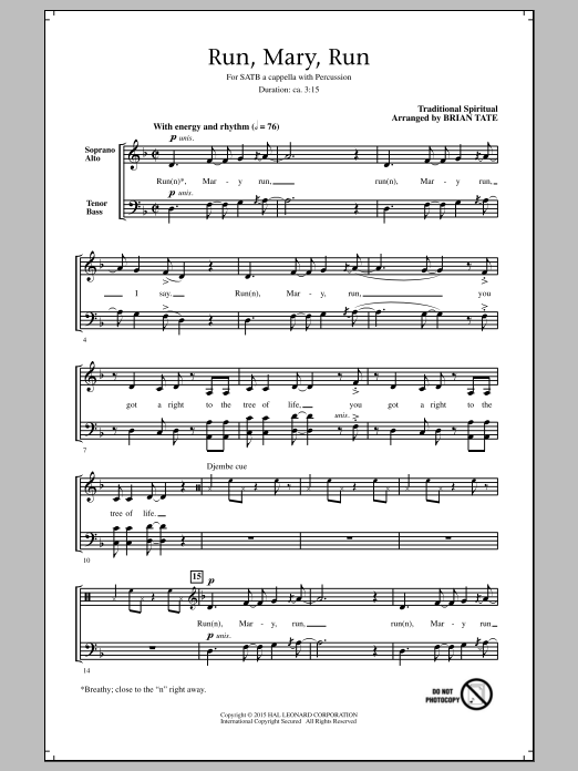 Brian Tate Run, Mary, Run sheet music, chords, lyrics - Printable PDF for SATB