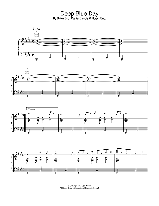 Learn to play Brian Eno Deep Blue Day sheet music for Piano, Vocal & Guitar (Right-Hand Melody) in minutes. Brian Eno Deep Blue Day sheet music notes and chords