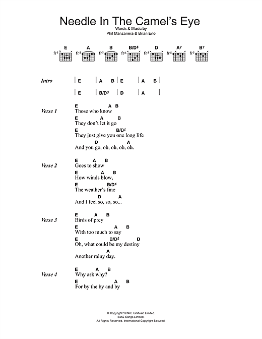 Brian Eno Needle In The Camel's Eye sheet music preview music notes and score for Lyrics & Chords including 2 page(s)