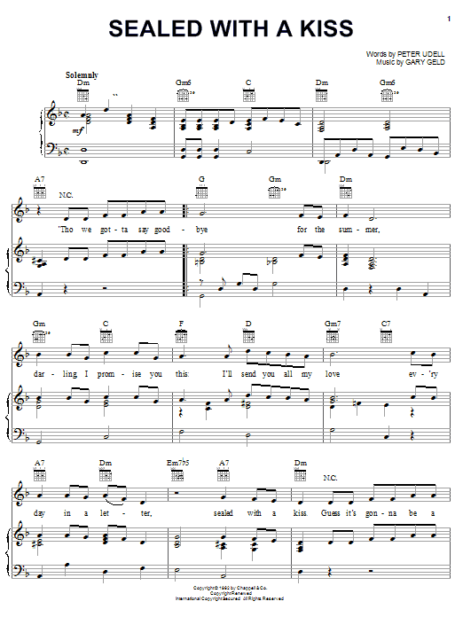 Learn to play Brian Hyland Sealed With A Kiss sheet music for Piano, Vocal & Guitar (Right-Hand Melody) in minutes. Brian Hyland Sealed With A Kiss sheet music preview music notes and score for Piano, Vocal & Guitar (Right-Hand Melody) including 4 page(s)