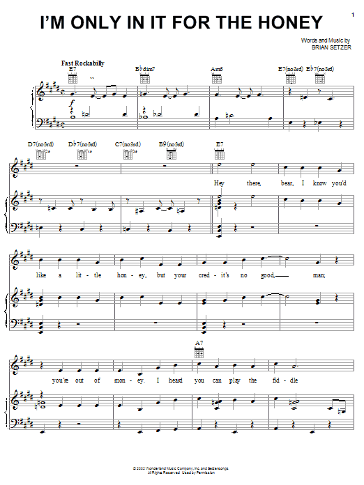Learn to play Brian Setzer I'm Only In It For The Honey (from The Country Bears) sheet music for Piano, Vocal & Guitar (Right-Hand Melody) in minutes. Brian Setzer I'm Only In It For The Honey (from The Country Bears) sheet music preview music notes and score for Piano, Vocal & Guitar (Right-Hand Melody) including 10 page(s)