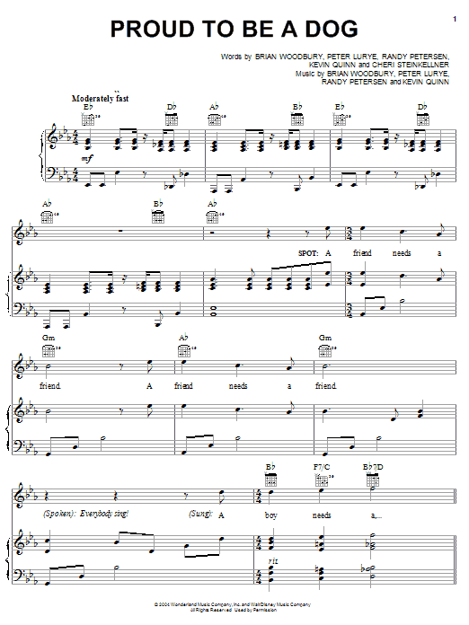 Learn to play Brian Woodbury Proud To Be A Dog (from Disney's Teacher's Pet) sheet music for Piano, Vocal & Guitar (Right-Hand Melody) in minutes. Brian Woodbury Proud To Be A Dog (from Disney's Teacher's Pet) sheet music preview music notes and score for Piano, Vocal & Guitar (Right-Hand Melody) including 5 page(s)