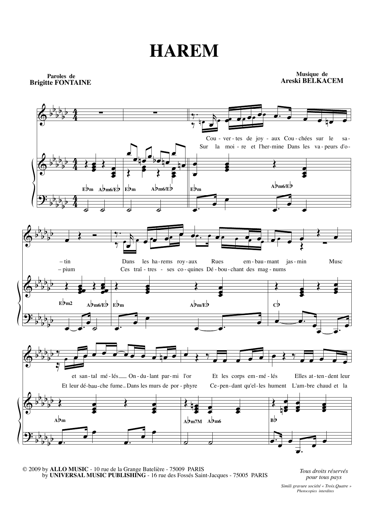 Brigitte Fontaine & Areski Belkacem Harem sheet music preview music notes and score for Piano & Vocal including 3 page(s)