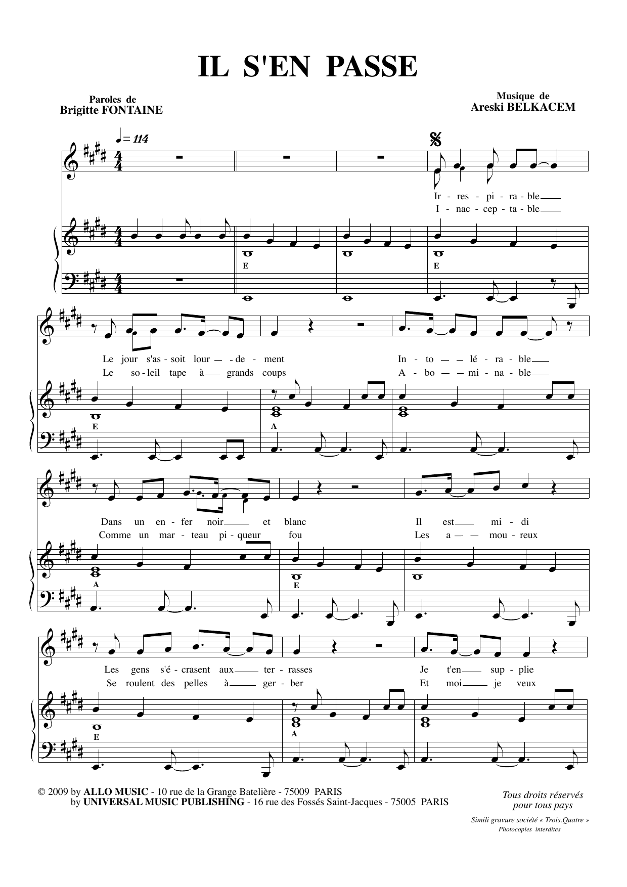 Learn to play Brigitte Fontaine & Areski Belkacem Il Se Mele A Tout Ca sheet music for Piano & Vocal in minutes. Brigitte Fontaine & Areski Belkacem Il Se Mele A Tout Ca sheet music preview music notes and score for Piano & Vocal including 2 page(s)