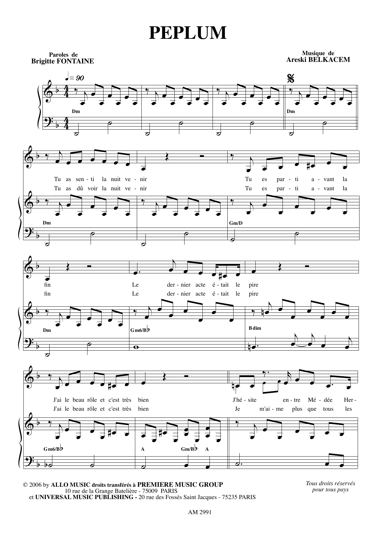 Brigitte Fontaine & Areski Belkacem Peplum sheet music preview music notes and score for Piano & Vocal including 5 page(s)