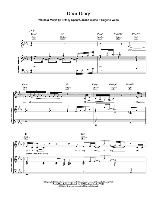 Learn to play Britney Spears Dear Diary sheet music for Piano, Vocal & Guitar in minutes. Britney Spears Dear Diary sheet music notes and chords