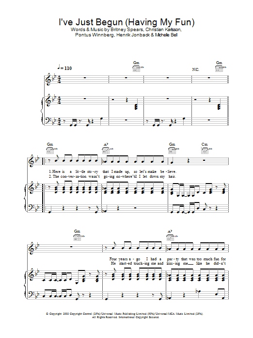 Learn to play Britney Spears I've Just Begun (Having My Fun) sheet music for Piano, Vocal & Guitar (Right-Hand Melody) in minutes. Britney Spears I've Just Begun (Having My Fun) sheet music preview music notes and score for Piano, Vocal & Guitar (Right-Hand Melody) including 6 page(s)