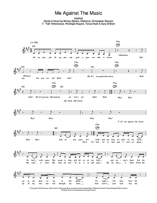 Britney Spears Me Against The Music (Remix) (feat. Madonna) sheet music preview music notes and score for Melody Line, Lyrics & Chords including 4 page(s)