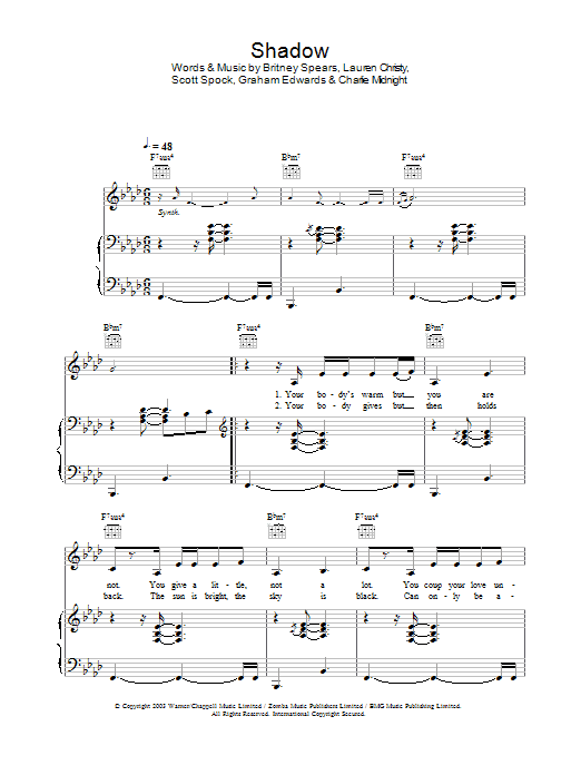 Learn to play Britney Spears Shadow sheet music for Piano, Vocal & Guitar in minutes. Britney Spears Shadow sheet music preview music notes and score for Piano, Vocal & Guitar including 5 page(s)