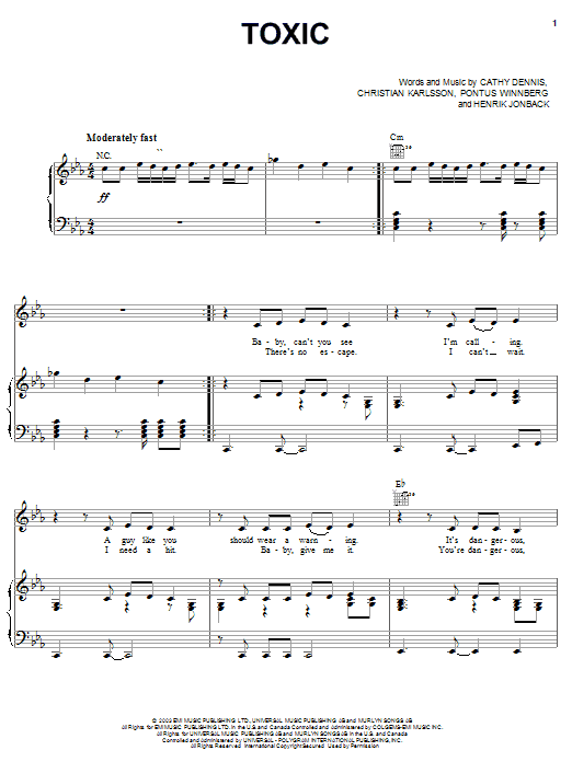 Learn to play Britney Spears Toxic sheet music for Piano, Vocal & Guitar (Right-Hand Melody) in minutes. Britney Spears Toxic sheet music preview music notes and score for Piano, Vocal & Guitar (Right-Hand Melody) including 7 page(s)
