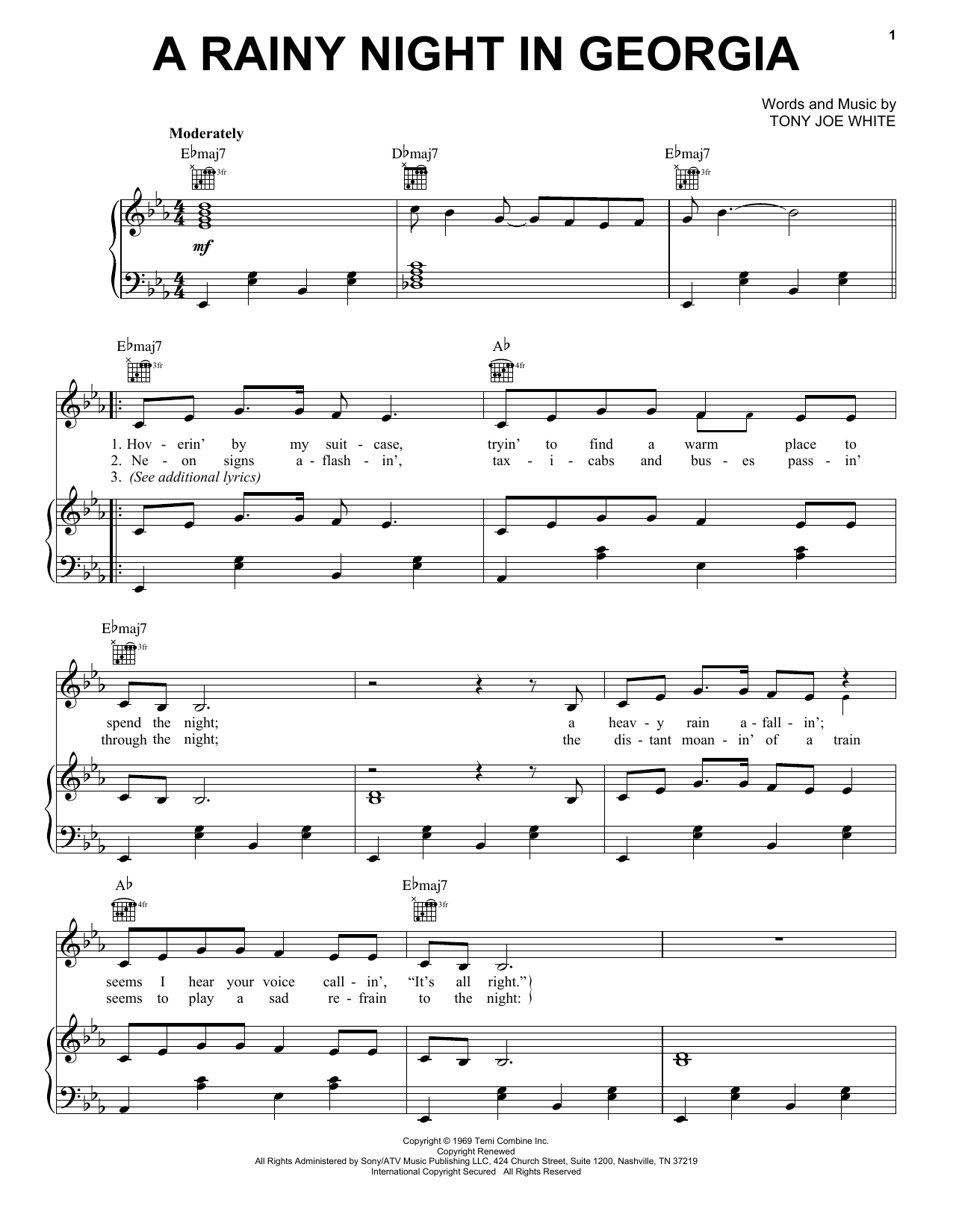 Brook Benton A Rainy Night In Georgia sheet music preview music notes and score for Lyrics & Piano Chords including 2 page(s)