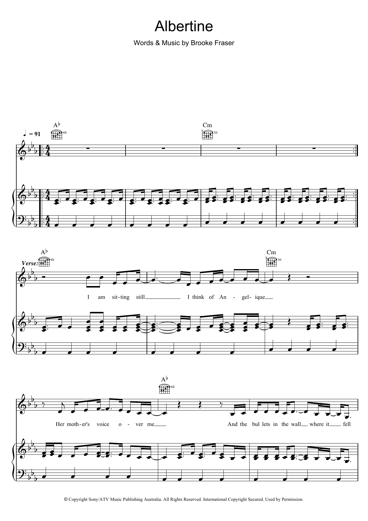 Learn to play Brooke Fraser Albertine sheet music for Piano, Vocal & Guitar (Right-Hand Melody) in minutes. Brooke Fraser Albertine sheet music preview music notes and score for Piano, Vocal & Guitar (Right-Hand Melody) including 5 page(s)