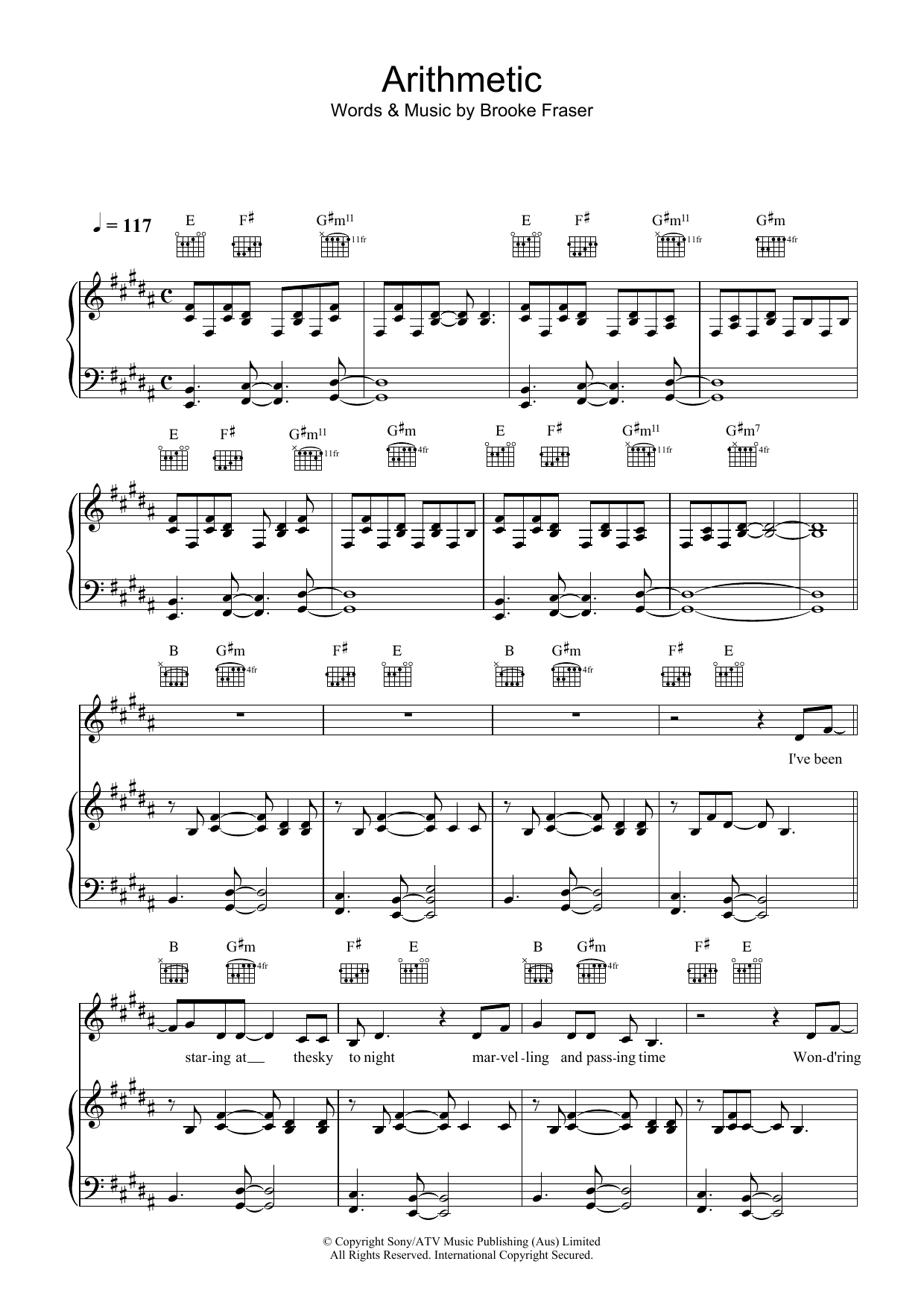 Learn to play Brooke Fraser Arithmetic sheet music for Piano, Vocal & Guitar in minutes. Brooke Fraser Arithmetic sheet music preview music notes and score for Piano, Vocal & Guitar including 7 page(s)