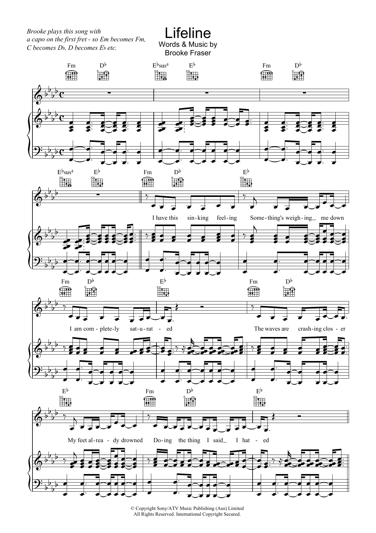 Learn to play Brooke Fraser Lifeline sheet music for Piano, Vocal & Guitar (Right-Hand Melody) in minutes. Brooke Fraser Lifeline sheet music preview music notes and score for Piano, Vocal & Guitar (Right-Hand Melody) including 5 page(s)