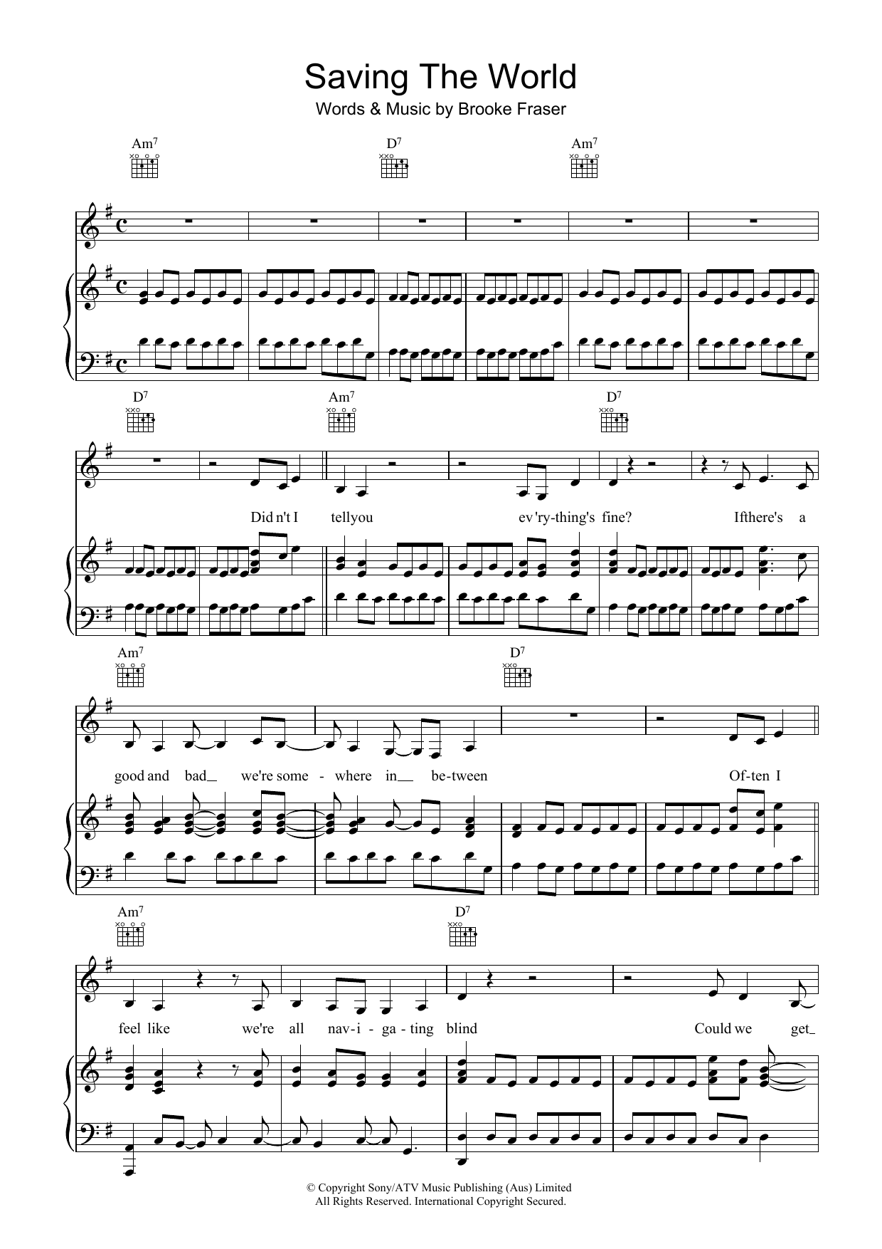 Learn to play Brooke Fraser Saving The World sheet music for Piano, Vocal & Guitar (Right-Hand Melody) in minutes. Brooke Fraser Saving The World sheet music preview music notes and score for Piano, Vocal & Guitar (Right-Hand Melody) including 6 page(s)