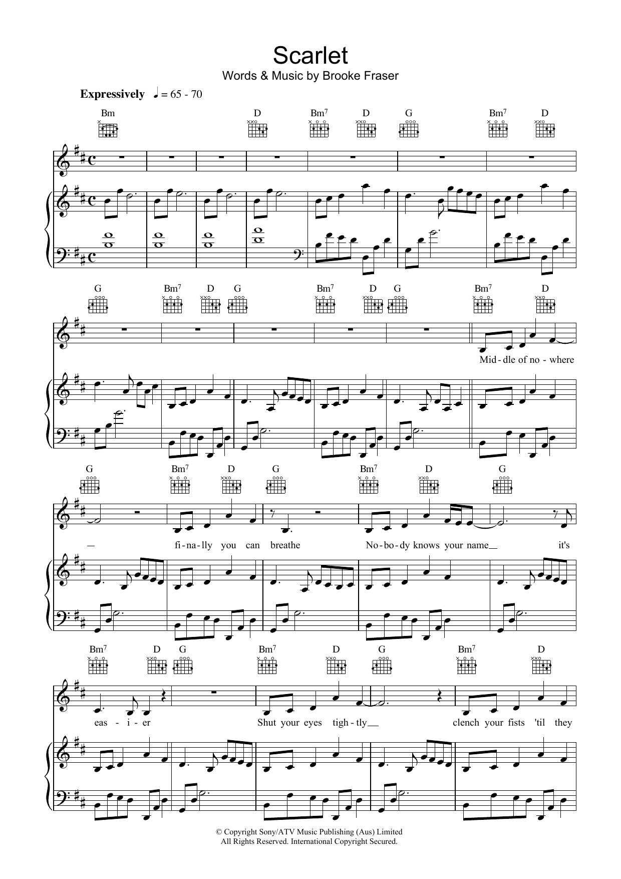 Learn to play Brooke Fraser Scarlet sheet music for Piano, Vocal & Guitar (Right-Hand Melody) in minutes. Brooke Fraser Scarlet sheet music preview music notes and score for Piano, Vocal & Guitar (Right-Hand Melody) including 5 page(s)