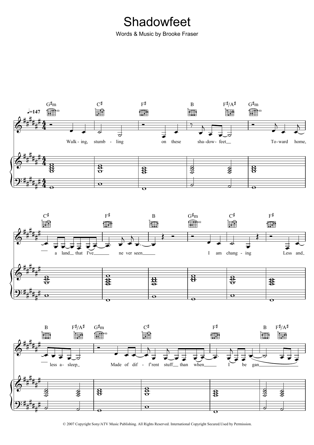 Learn to play Brooke Fraser Shadowfeet sheet music for Piano, Vocal & Guitar (Right-Hand Melody) in minutes. Brooke Fraser Shadowfeet sheet music preview music notes and score for Piano, Vocal & Guitar (Right-Hand Melody) including 5 page(s)