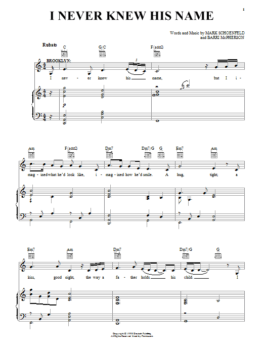Learn to play Brooklyn The Musical I Never Knew His Name sheet music for Piano, Vocal & Guitar (Right-Hand Melody) in minutes. Brooklyn The Musical I Never Knew His Name sheet music preview music notes and score for Piano, Vocal & Guitar (Right-Hand Melody) including 3 page(s)