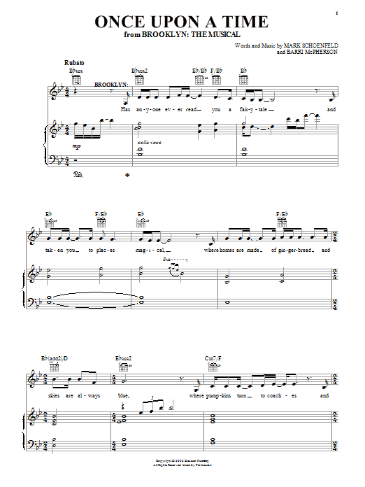 Learn to play Brooklyn The Musical Once Upon A Time sheet music for Piano, Vocal & Guitar (Right-Hand Melody) in minutes. Brooklyn The Musical Once Upon A Time sheet music preview music notes and score for Piano, Vocal & Guitar (Right-Hand Melody) including 7 page(s)