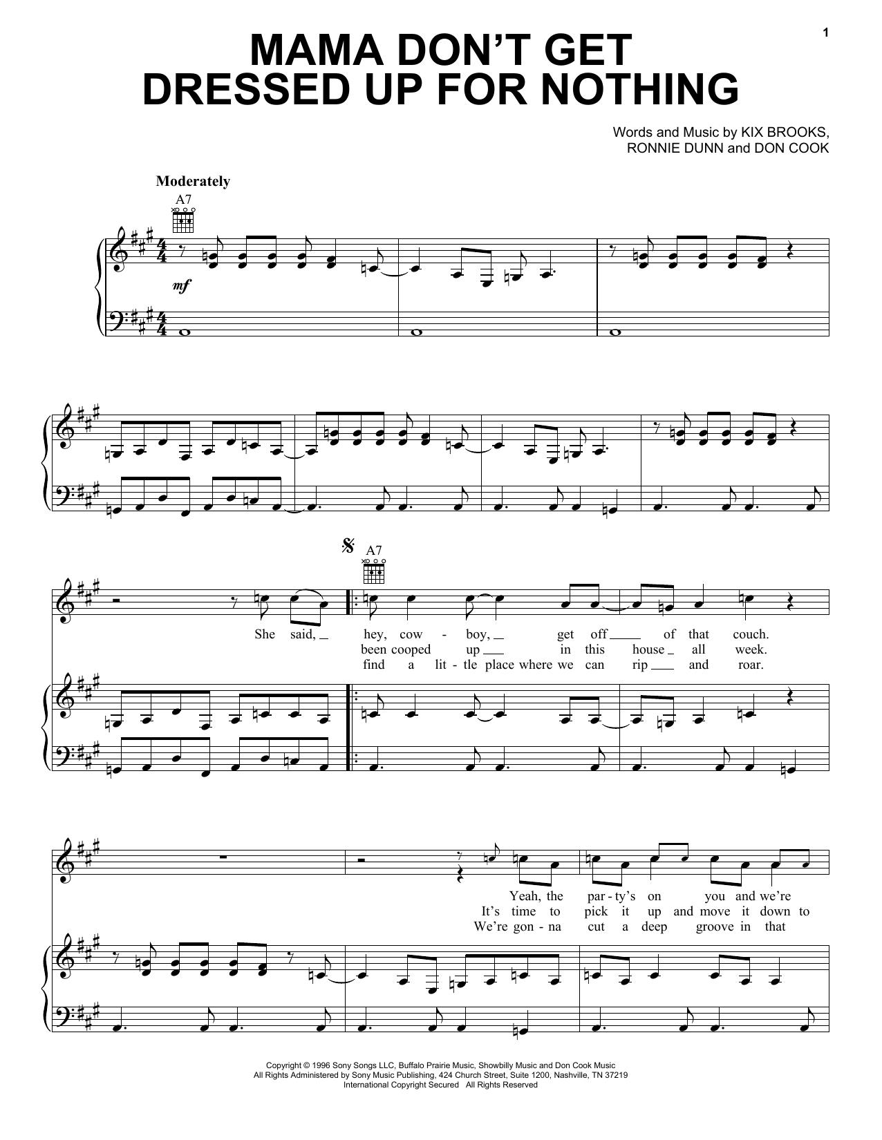 Brooks & Dunn Mama Don't Get Dressed Up For Nothing sheet music, chords, lyrics - Printable PDF for Piano, Vocal & Guitar Chords (Right-Hand Melody)