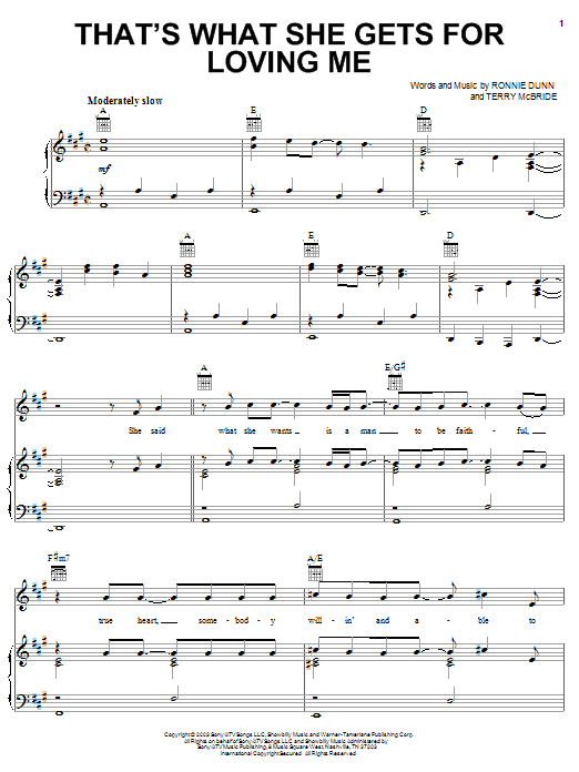 Brooks & Dunn That's What She Gets For Loving Me sheet music, chords, lyrics - Printable PDF for Piano, Vocal & Guitar (Right-Hand Melody)
