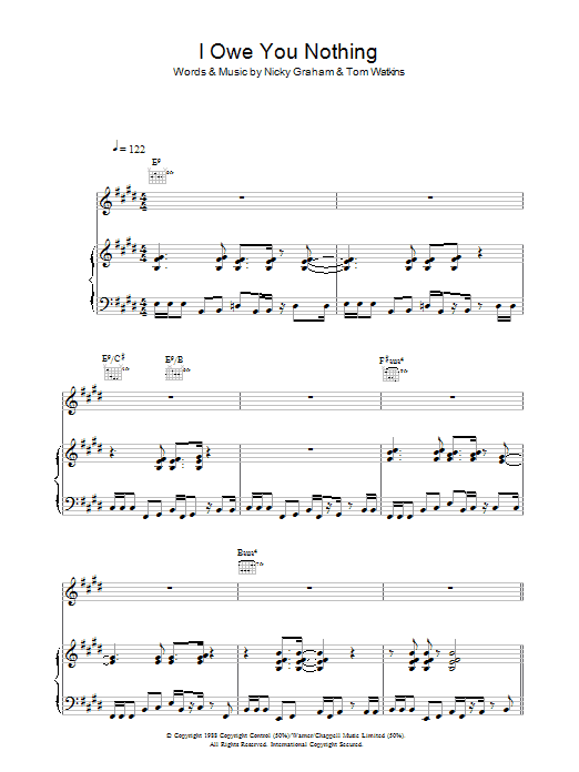 Bros I Owe You Nothing sheet music preview music notes and score for Piano, Vocal & Guitar (Right-Hand Melody) including 5 page(s)