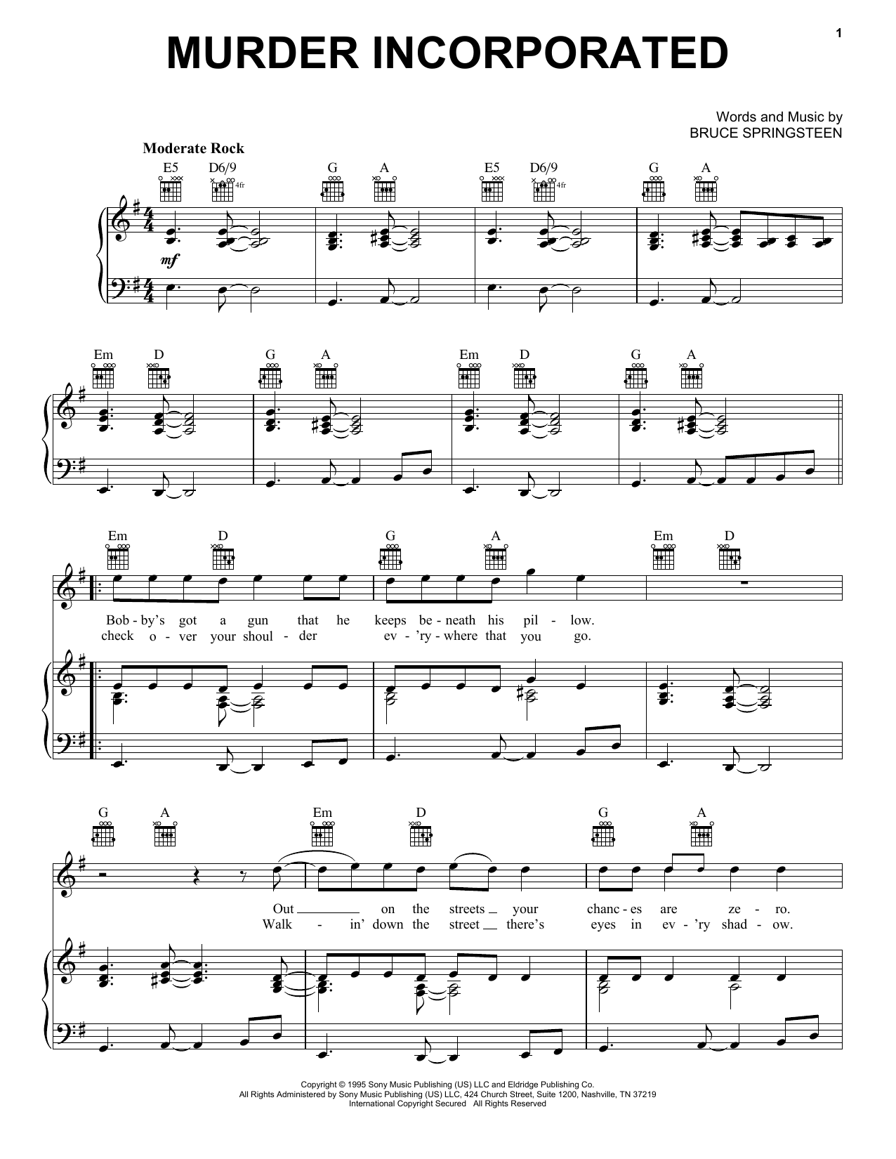 Bruce Springsteen Murder Incorporated sheet music, chords, lyrics - Printable PDF for Piano, Vocal & Guitar Chords (Right-Hand Melody)