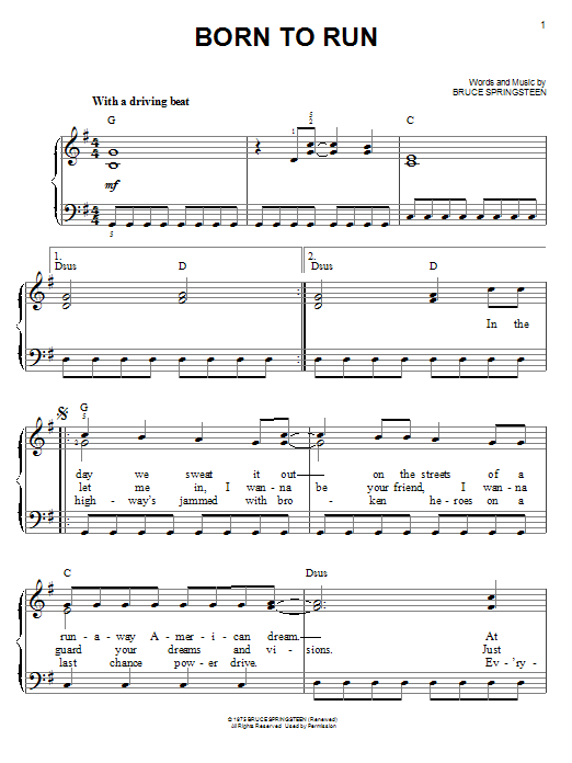 Bruce Springsteen Born To Run sheet music preview music notes and score for Piano, Vocal & Guitar (Right-Hand Melody) including 11 page(s)
