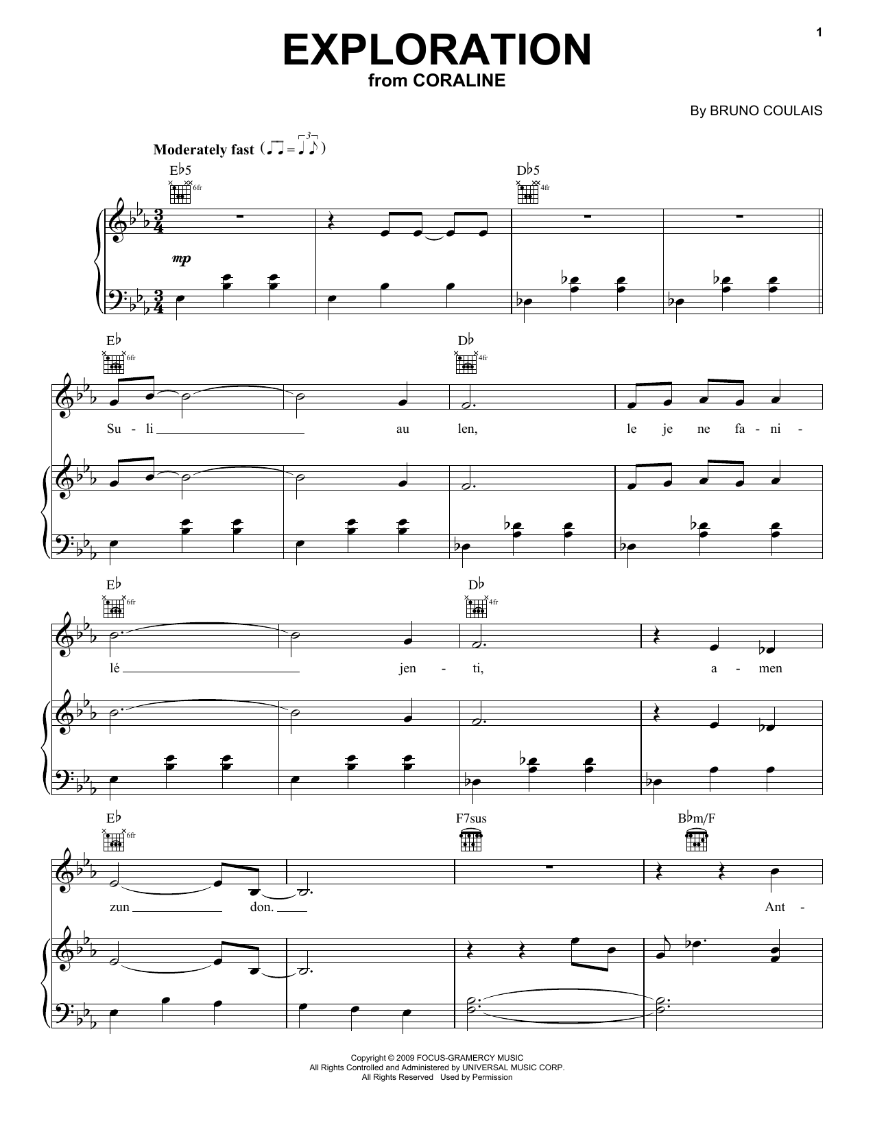 Learn to play Bruno Coulais Exploration (from Coraline) sheet music for Piano, Vocal & Guitar (Right-Hand Melody) in minutes. Bruno Coulais Exploration (from Coraline) sheet music preview music notes and score for Piano, Vocal & Guitar (Right-Hand Melody) including 5 page(s)