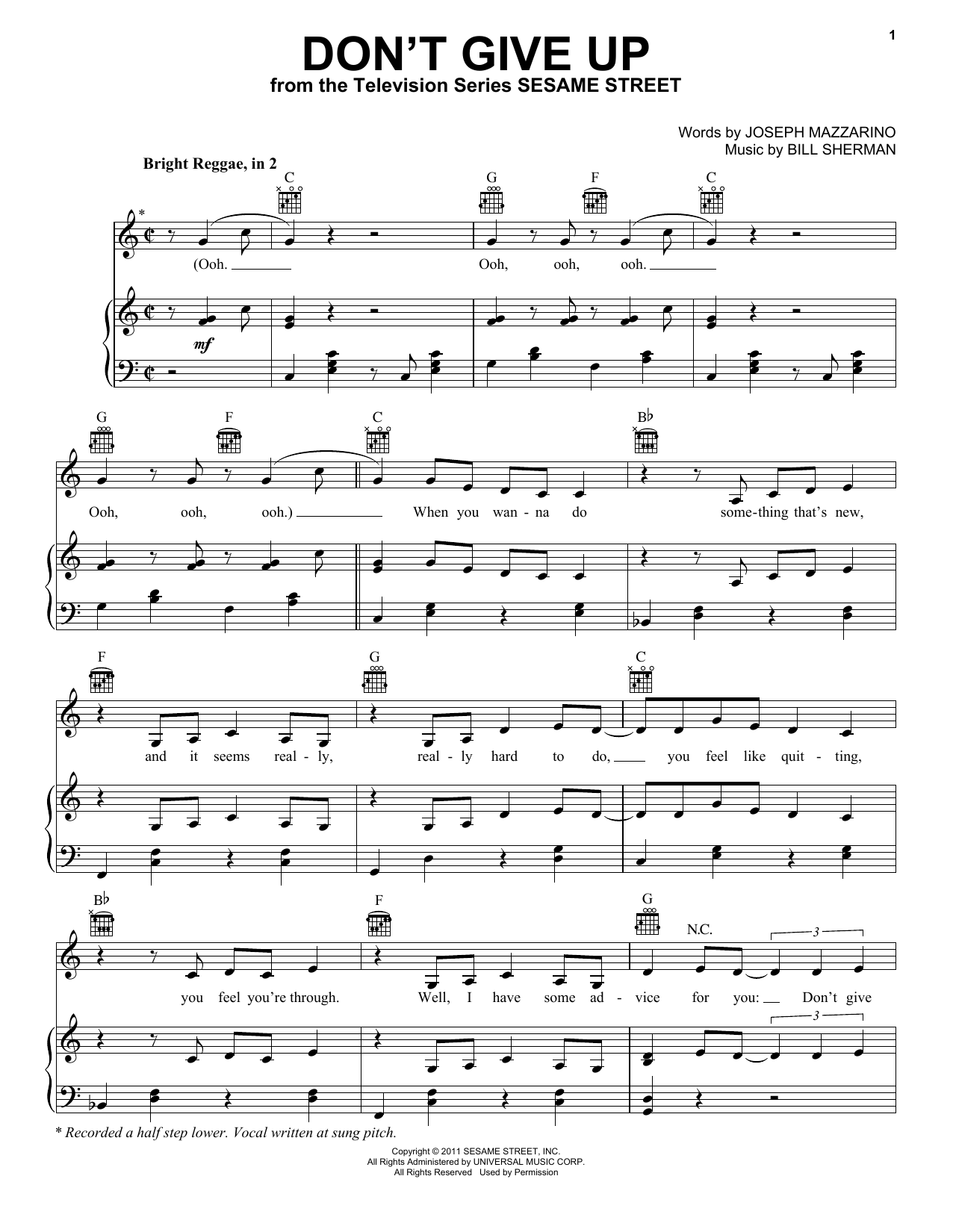Learn to play Bruno Mars Don't Give Up (from Sesame Street) sheet music for Piano, Vocal & Guitar (Right-Hand Melody) in minutes. Bruno Mars Don't Give Up (from Sesame Street) sheet music preview music notes and score for Piano, Vocal & Guitar (Right-Hand Melody) including 6 page(s)