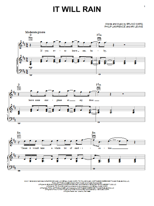 Learn to play Bruno Mars It Will Rain sheet music for Piano, Vocal & Guitar (Right-Hand Melody) in minutes. Bruno Mars It Will Rain sheet music preview music notes and score for Piano, Vocal & Guitar (Right-Hand Melody) including 8 page(s)