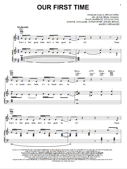 Learn to play Bruno Mars Our First Time sheet music for Piano, Vocal & Guitar (Right-Hand Melody) in minutes. Bruno Mars Our First Time sheet music preview music notes and score for Piano, Vocal & Guitar (Right-Hand Melody) including 8 page(s)