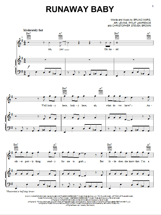 Learn to play Bruno Mars Runaway Baby sheet music for Piano, Vocal & Guitar (Right-Hand Melody) in minutes. Bruno Mars Runaway Baby sheet music preview music notes and score for Piano, Vocal & Guitar (Right-Hand Melody) including 6 page(s)