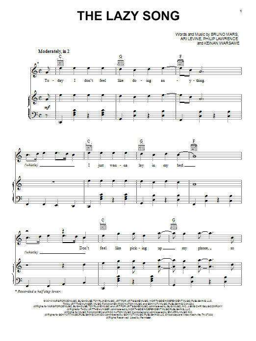 Bruno Mars The Lazy Song sheet music preview music notes and score for Piano, Vocal & Guitar (Right-Hand Melody) including 9 page(s)