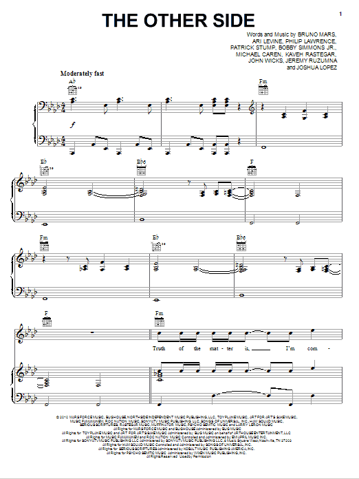 Learn to play Bruno Mars The Other Side sheet music for Piano, Vocal & Guitar (Right-Hand Melody) in minutes. Bruno Mars The Other Side sheet music preview music notes and score for Piano, Vocal & Guitar (Right-Hand Melody) including 8 page(s)