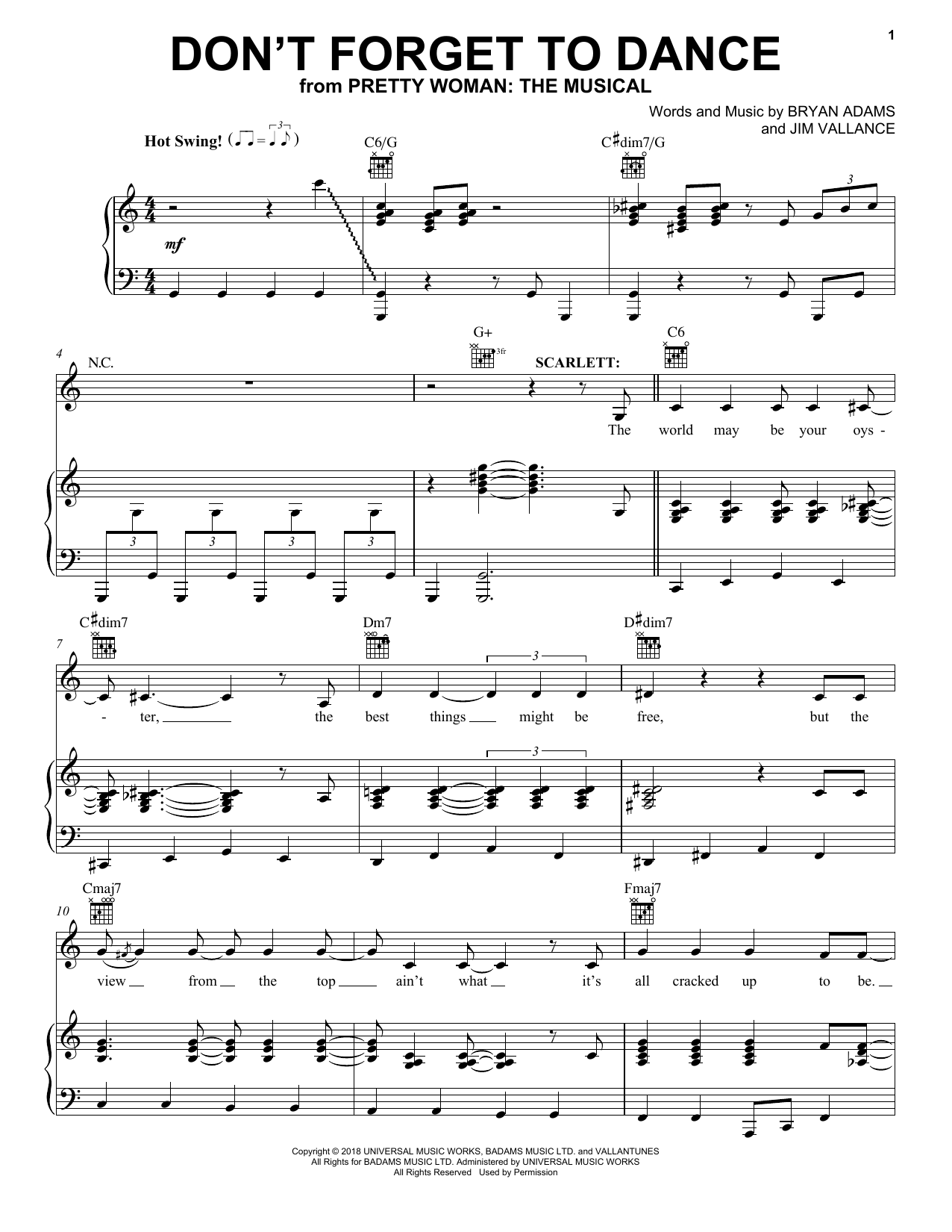 Bryan Adams & Jim Vallance Don't Forget To Dance (from Pretty Woman: The Musical) sheet music, chords, lyrics - Printable PDF for Piano, Vocal & Guitar (Right-Hand Melody)
