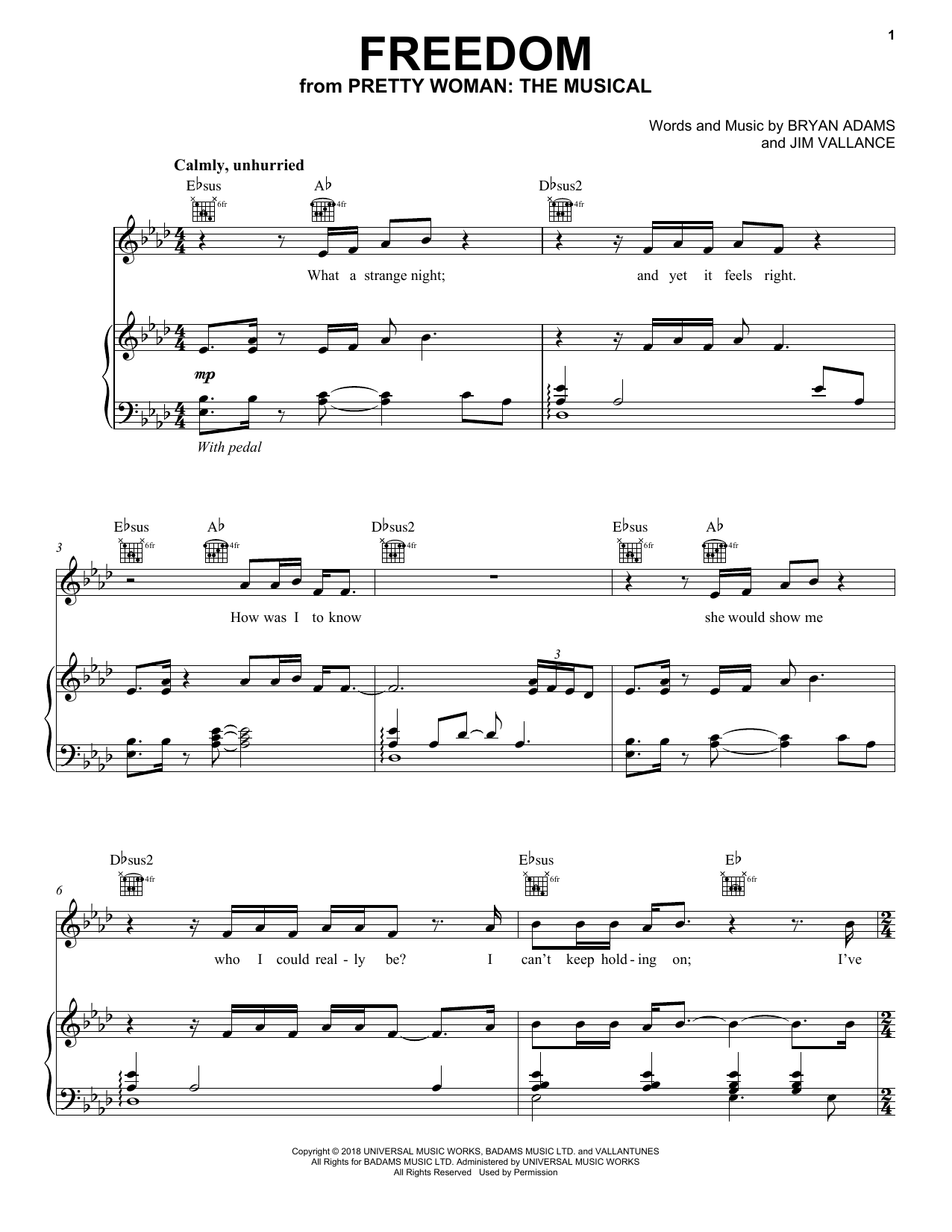 Bryan Adams & Jim Vallance Freedom (from Pretty Woman: The Musical) sheet music, chords, lyrics - Printable PDF for Piano & Vocal