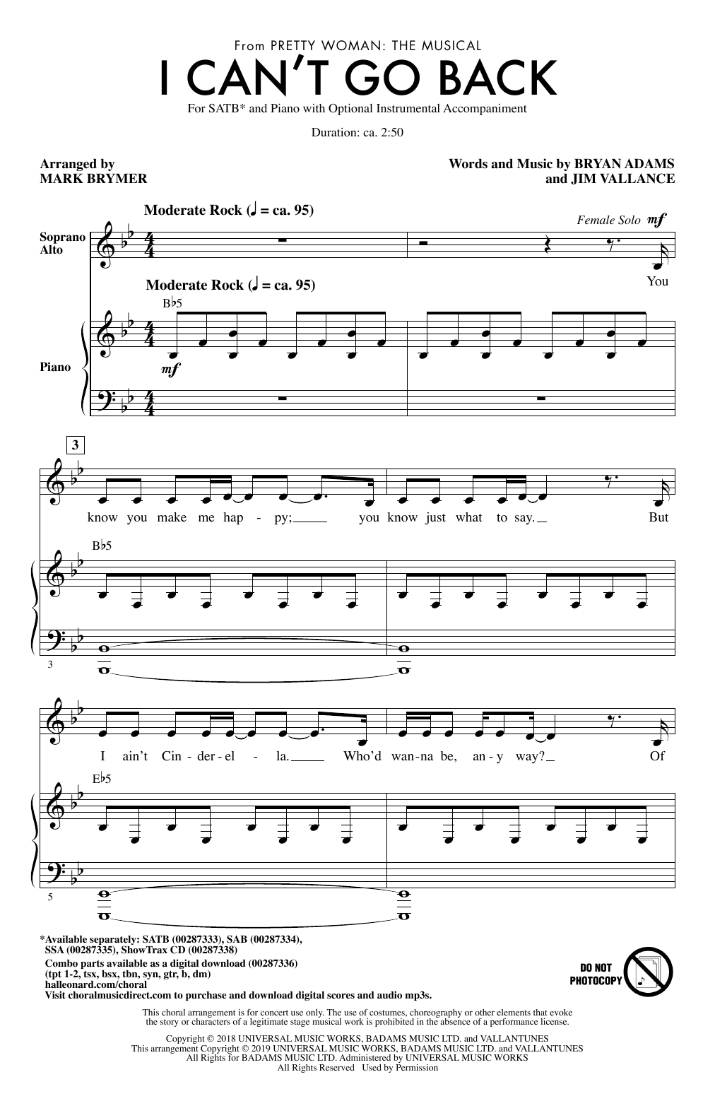 Bryan Adams & Jim Vallance I Can't Go Back (from Pretty Woman: The Musical) (arr. Mark Brymer) sheet music, chords, lyrics - Printable PDF for SAB Choir