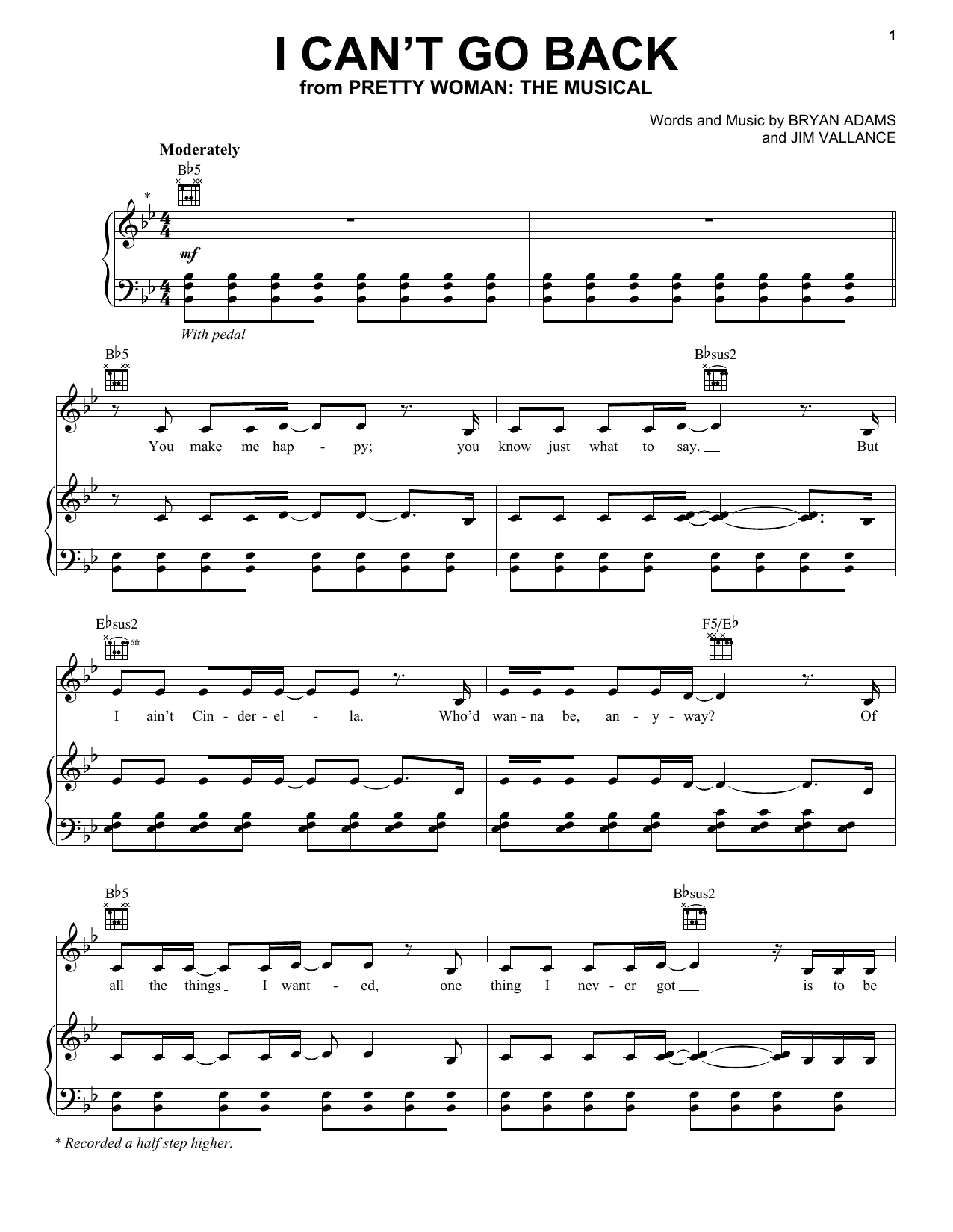 Bryan Adams & Jim Vallance I Can't Go Back (from Pretty Woman: The Musical) sheet music, chords, lyrics - Printable PDF for Piano, Vocal & Guitar (Right-Hand Melody)