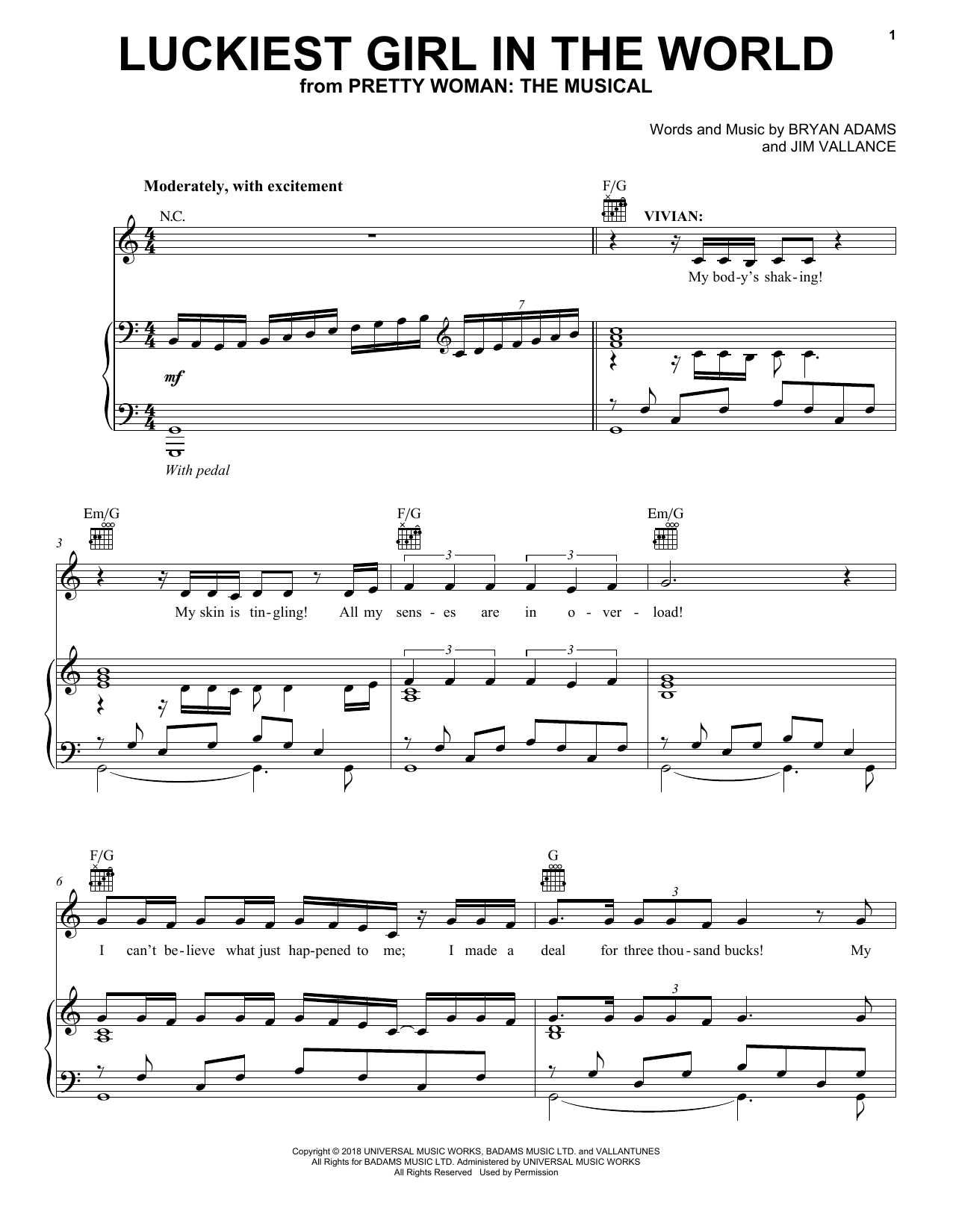 Bryan Adams & Jim Vallance Luckiest Girl In The World (from Pretty Woman: The Musical) sheet music, chords, lyrics - Printable PDF for Piano, Vocal & Guitar (Right-Hand Melody)
