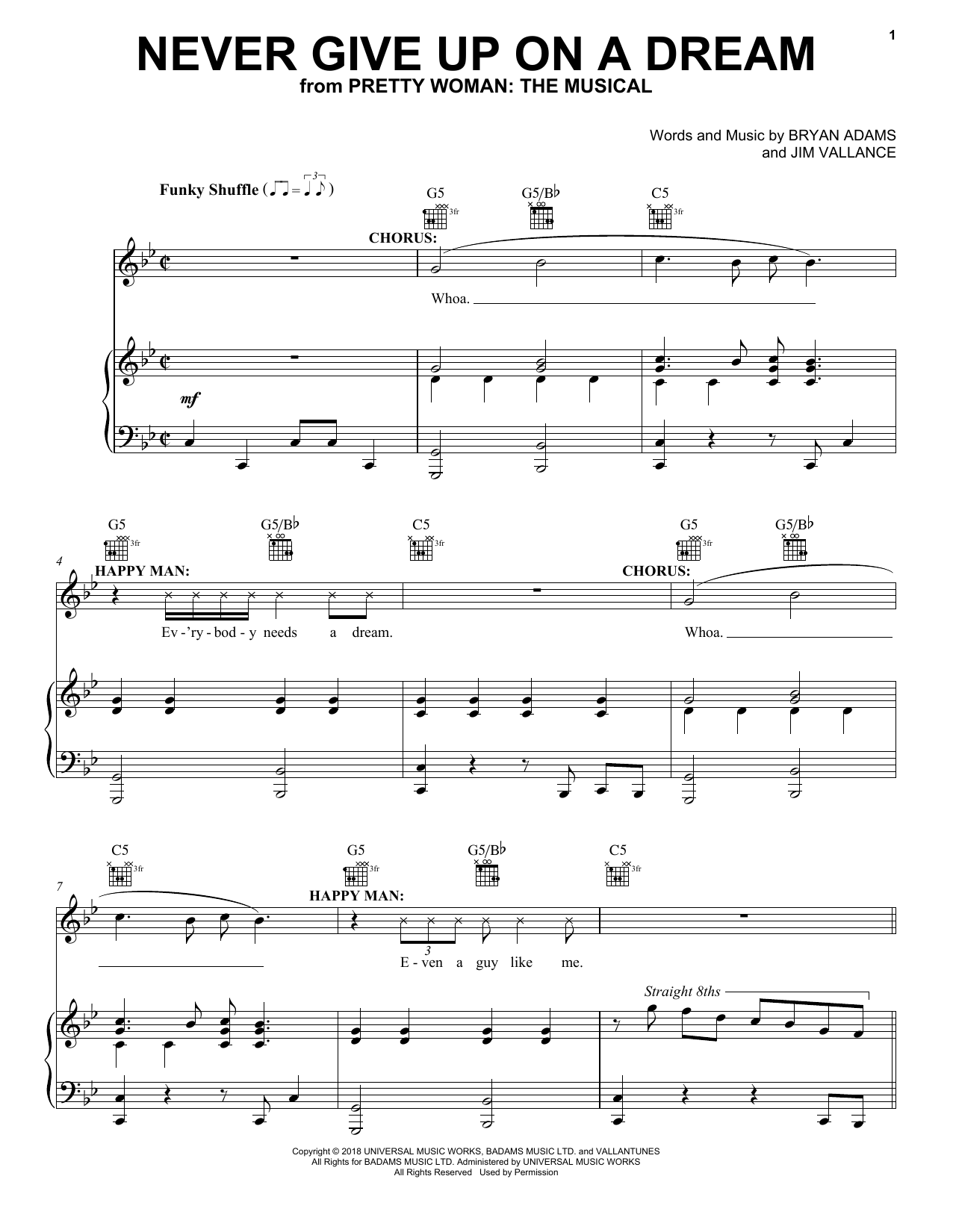 Bryan Adams & Jim Vallance Never Give Up On A Dream (from Pretty Woman: The Musical) sheet music, chords, lyrics - Printable PDF for Piano, Vocal & Guitar (Right-Hand Melody)