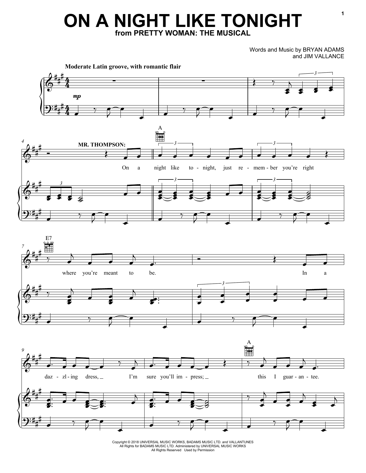Bryan Adams & Jim Vallance On A Night Like Tonight (from Pretty Woman: The Musical) sheet music, chords, lyrics - Printable PDF for Piano, Vocal & Guitar (Right-Hand Melody)