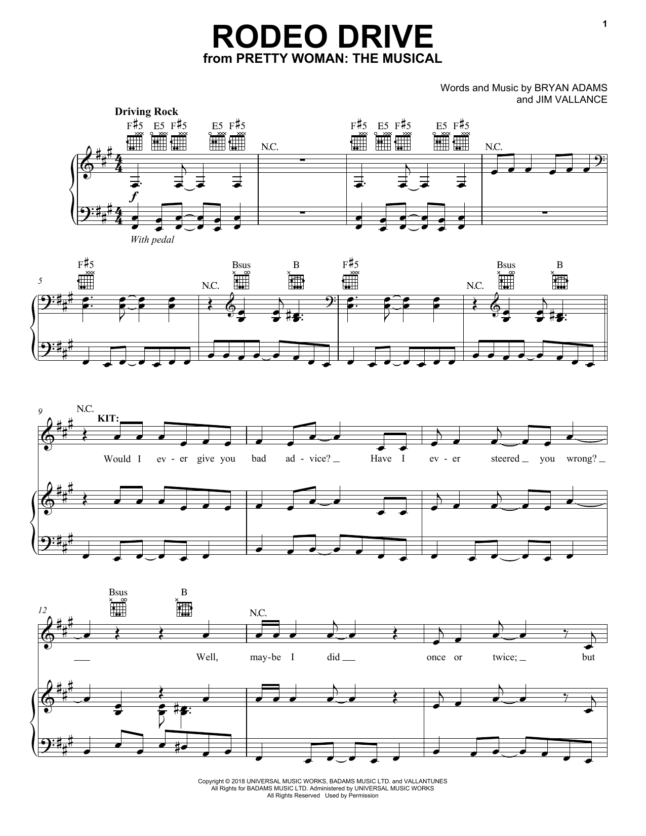 Bryan Adams & Jim Vallance Rodeo Drive (from Pretty Woman: The Musical) sheet music, chords, lyrics - Printable PDF for Piano, Vocal & Guitar (Right-Hand Melody)
